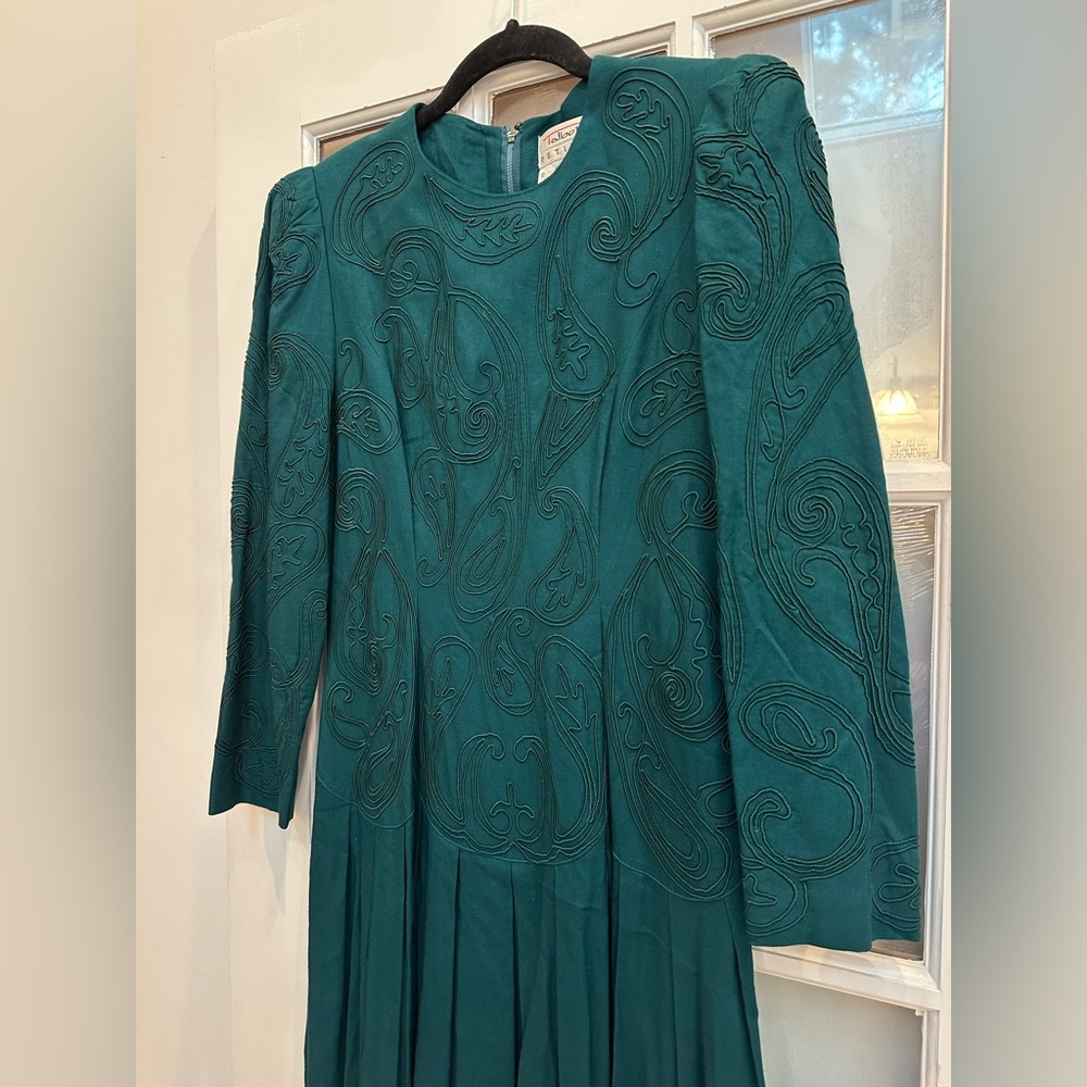 Vintage Talbots Emerald Teal Paisley Long Sleeve Midi Dress Women’s Size 12 P - Picture 4 of 12